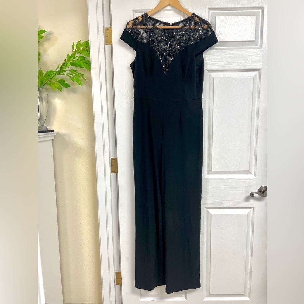 Adrianna Papell Women Black Sequined Jewel Neck Evening Straight leg Jumpsuit 10 - Picture 2 of 11